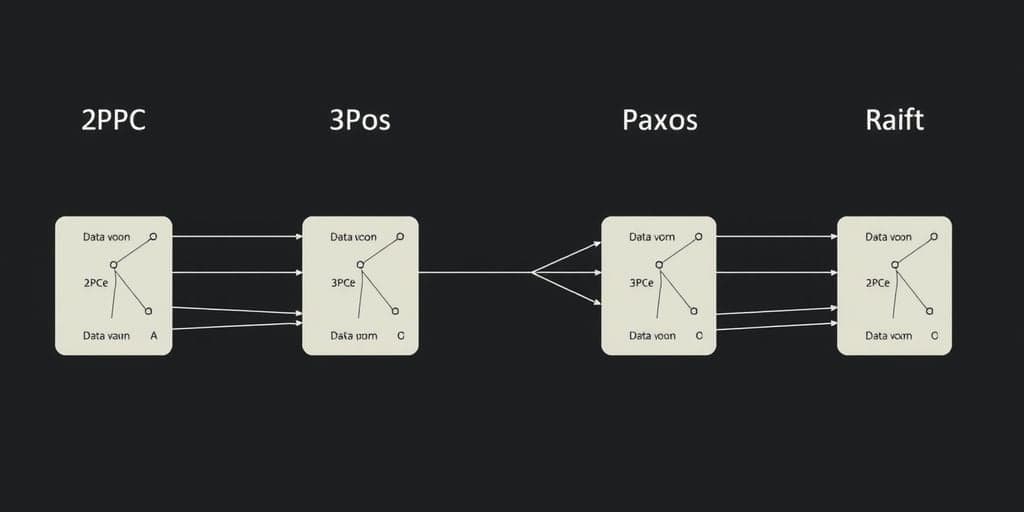 Distinguish 2PC, 3PC, Paxos, Raft in distributed transaction